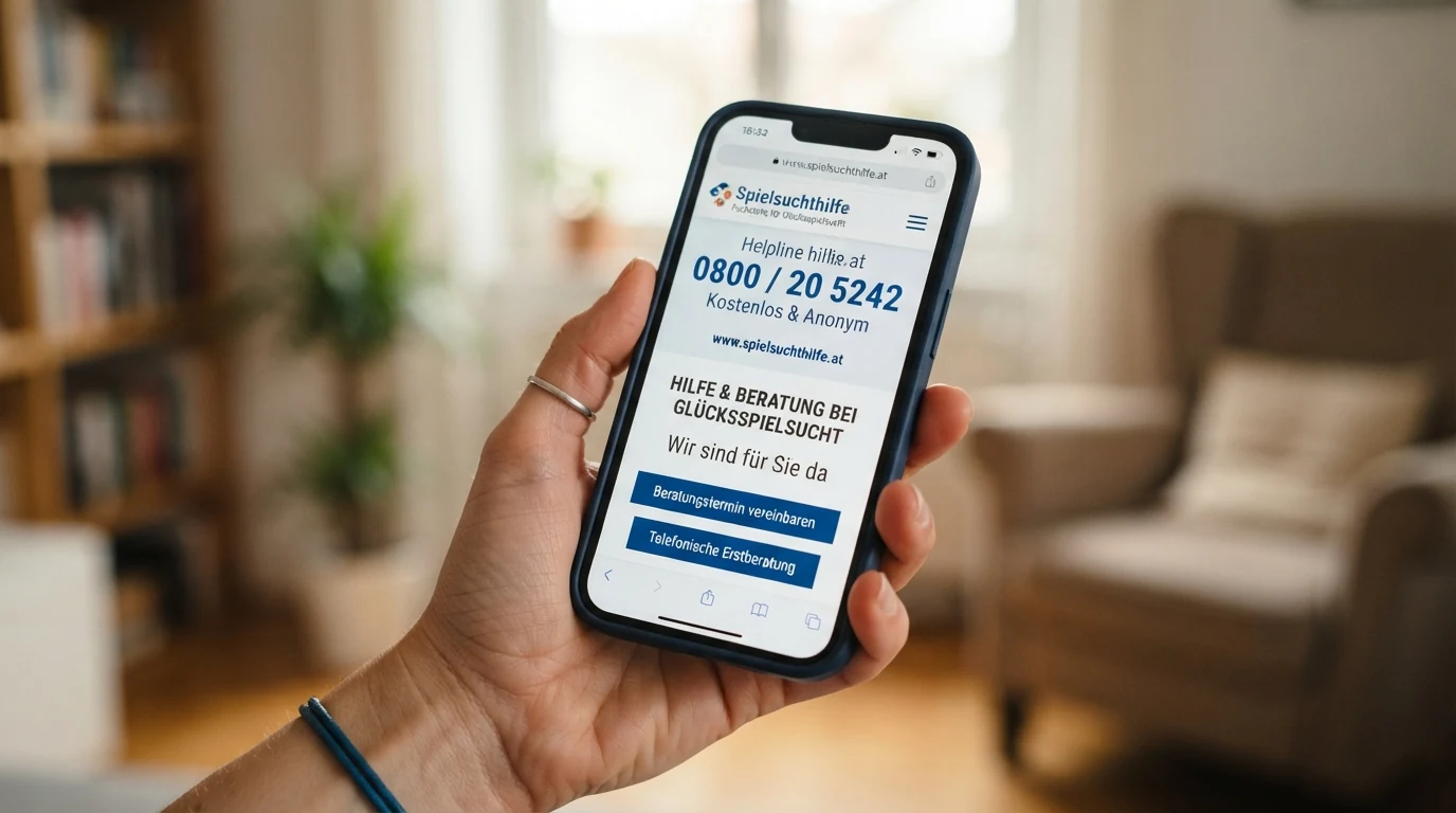 Die Nahaufnahme eines Smartphone-Bildschirms mit der geöffneten Website der Spielsuchthilfe Wien und der eingeblendeten BMF-Hotline 0800/20 5242