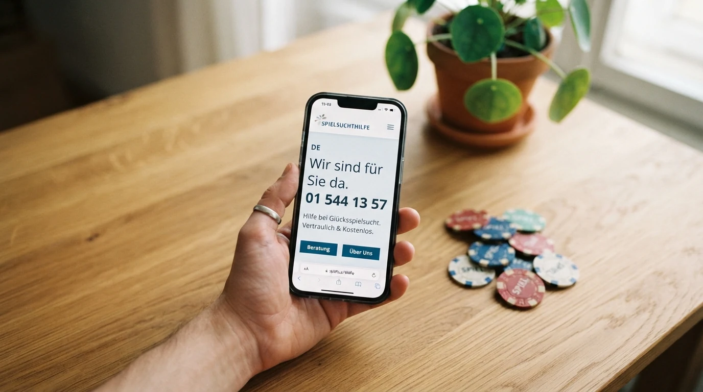 Ein Telefonhörer neben einem Notizblock mit der Aufschrift „Spielsuchthilfe 01 544 13 57“
