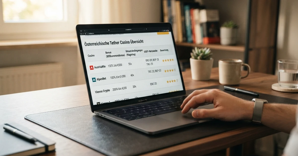 Vergleichstabelle der zehn Tether-Casinos mit Bonus, Umsatzbedingungen und USDT-Netzwerken nebeneinander