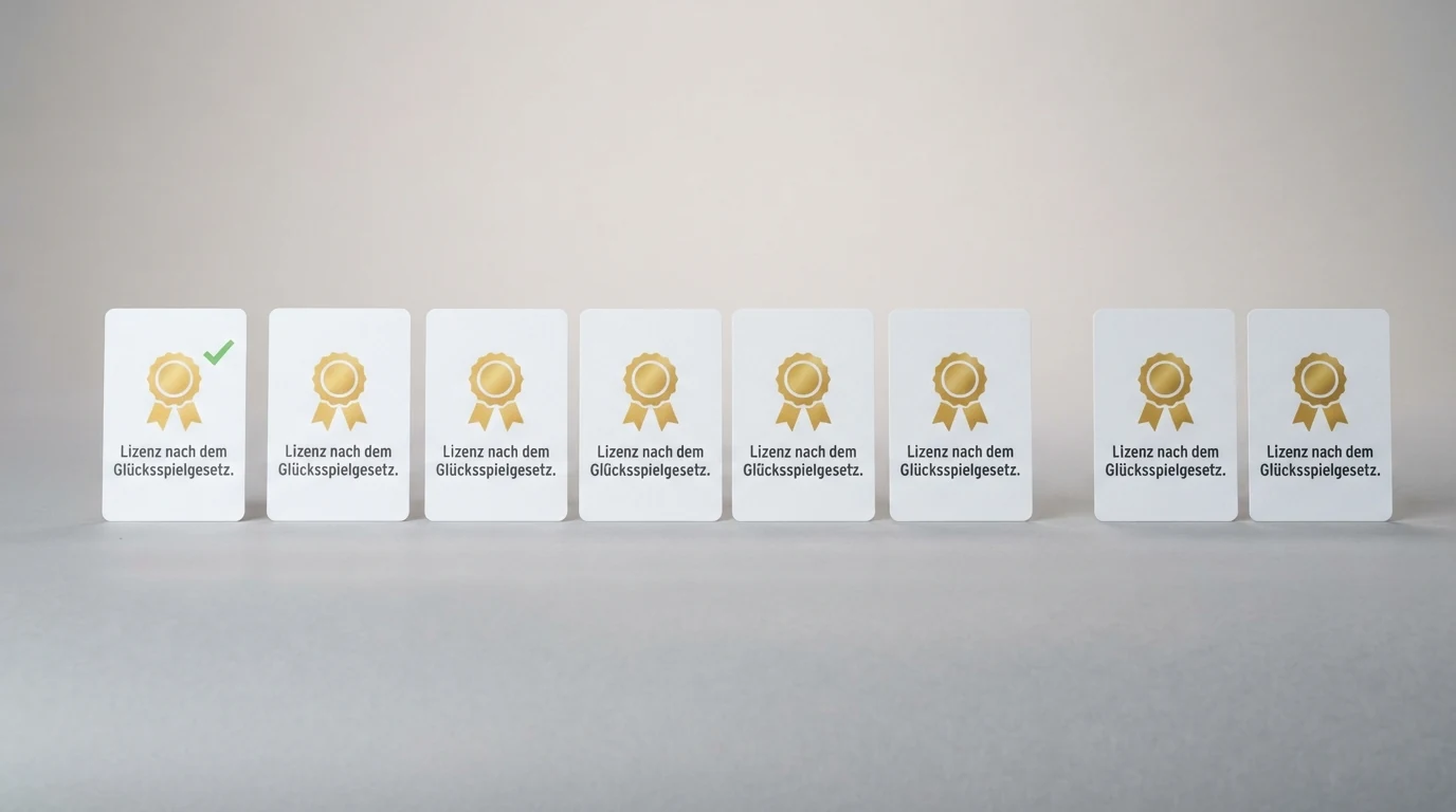 Zehn Casino-Logos nebeneinander, eines davon mit einem Haken oder Siegel für die österreichische Lizenz markiert, die anderen neun ohne