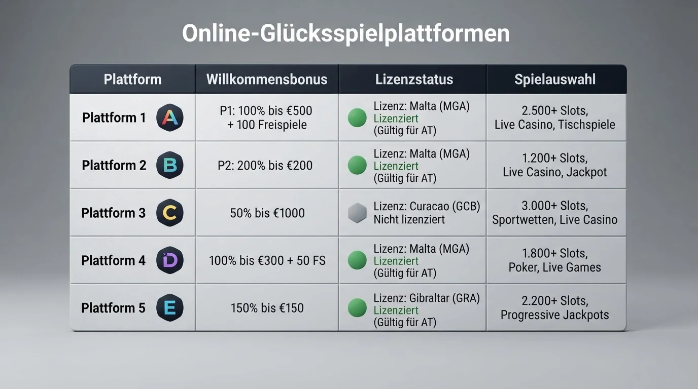Eine strukturierte Vergleichstabelle mit zehn Zeilen für die vorgestellten Betreiber, Spalten für Bonus, Lizenz und Freispiele