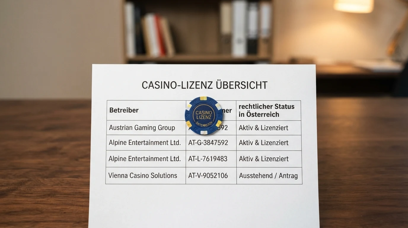 Vergleichstabelle mit den zehn vorgestellten Curacao-Casino-Betreibern, ihren CGA-Lizenznummern und dem rechtlichen Status in Österreich