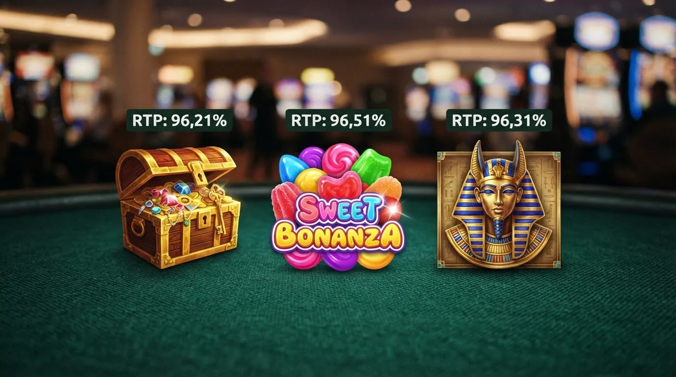 Drei Slot-Symbole (Book of Dead, Sweet Bonanza, Eye of Horus) nebeneinander mit eingeblendeten RTP-Prozentwerten