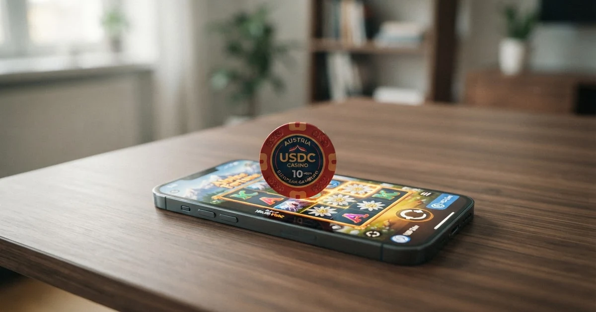 Eine USDC-Münze auf einem Smartphone-Display vor der Benutzeroberfläche eines Online-Casinos mit Spielautomaten