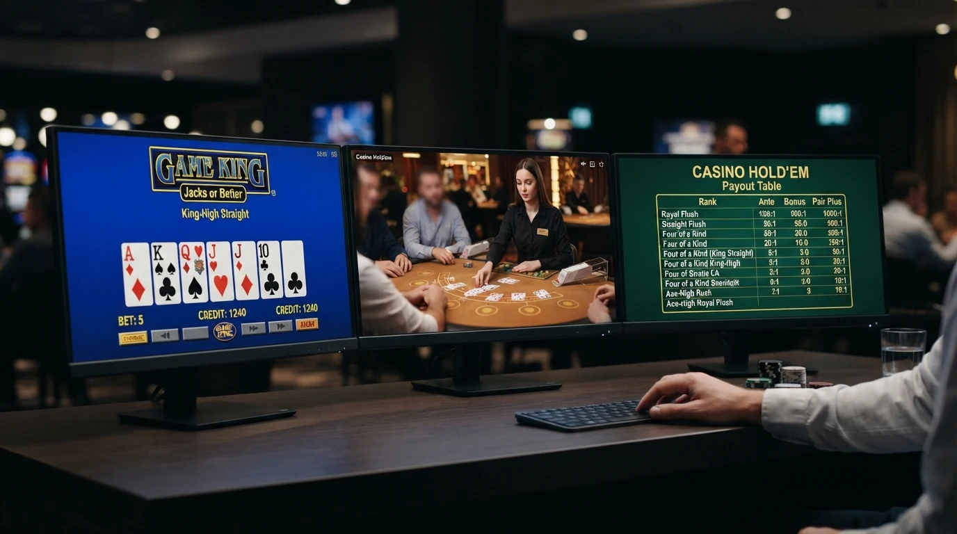 Drei nebeneinander angeordnete Bildschirmansichten: ein Video-Poker-Automat mit Karten, ein Live-Dealer-Poker-Tisch mit sichtbarem Croupier und eine Casino-Hold'em-Auszahlungstabelle