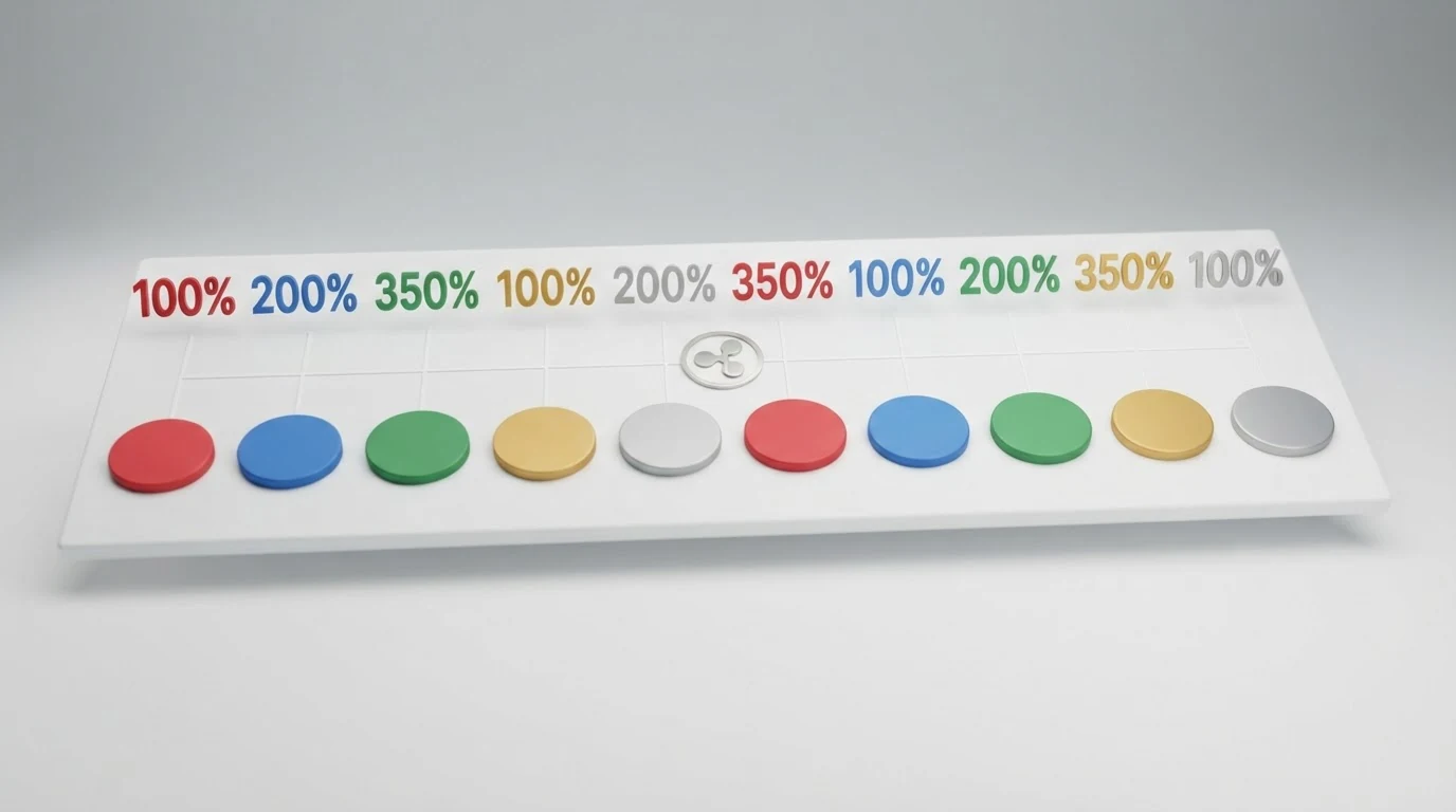 Übersichtliche Darstellung von Casino-Logos nebeneinander mit hervorgehobenen Bonus-Prozentsätzen und XRP-Symbol