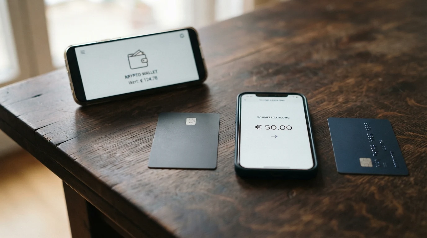 Eine Auswahl von Zahlungsmitteln auf einem Tisch: eine Paysafecard-Karte eine Bitcoin-Münze ein Smartphone mit PayPal-App und eine Bankkarte