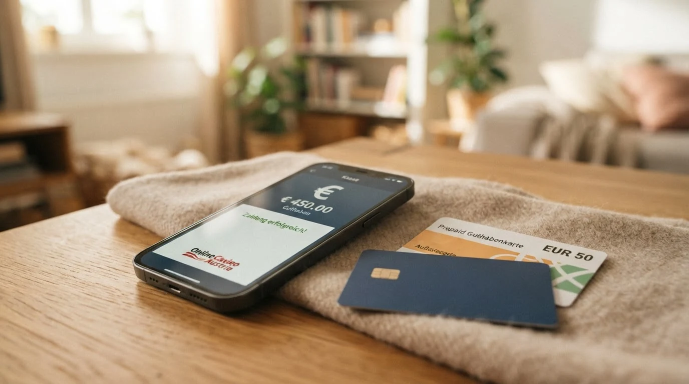 Übersicht der Zahlungsmethoden für österreichische Spieler: Paysafecard-Karte, EPS-Logo, Kreditkarten und E-Wallets auf einem Tisch